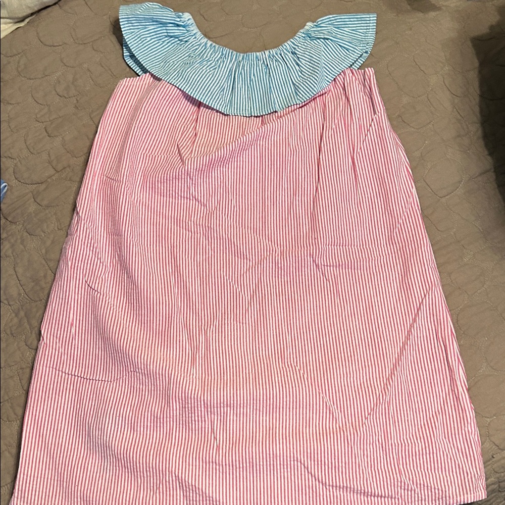 Striped Pink & White Kids Casual Seersucker monogrammed “P” Dress